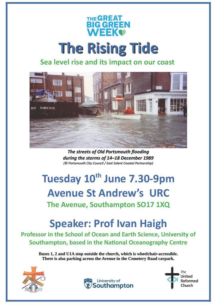 Sea level rise and its impact on our coast. A talk by Prof Ivan Haigh on 10.06.25 at Avenue St Andrews Church SO17 1XQ 7.30-9pm 